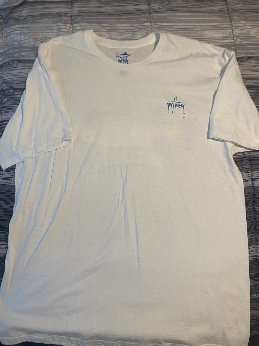Guy Harvey White Short Sleeve Tee with Small Blue Chest Logo-Redfish on back